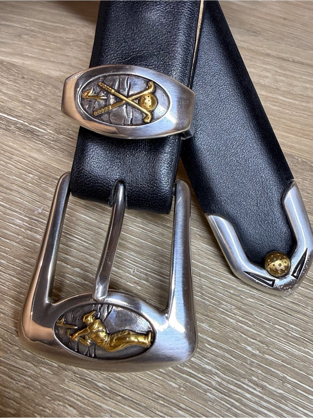 Vintage Golf Theme Black Leather Belt with Silver & Gold Golf Swing Buckle